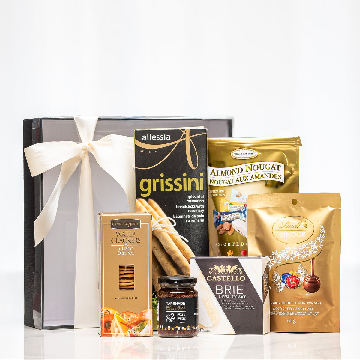 Savoury Spread black gift box with grissini, almond nougat, brie, preserves and chocolates