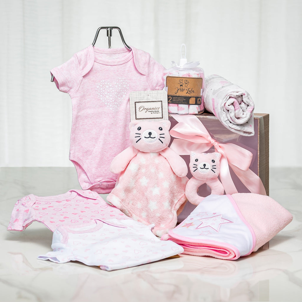 Little Star baby girl gift with pink onesies, a blanket and a plush kitten in a wooden crate