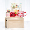 Sit Sort and Savour gift crate with a puzzle, a tea towel, cherry print mugs and preserves
