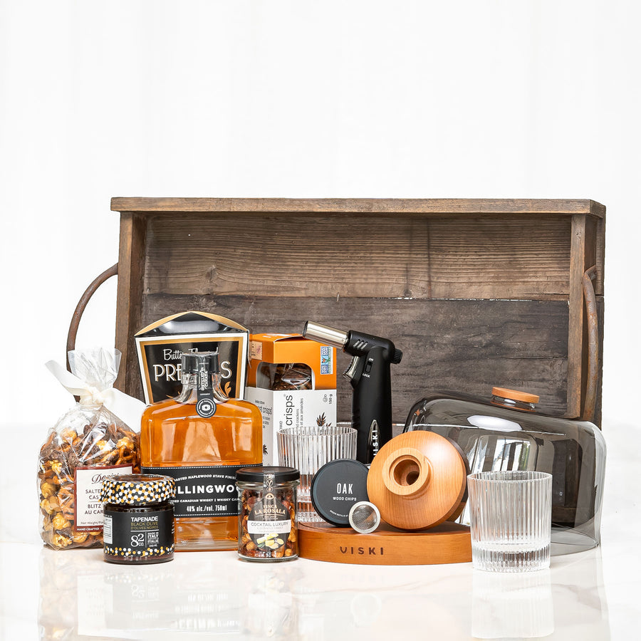 Smoked Whiskey Experience wooden crate with a smoking kit, glassware, snacks and bar tools