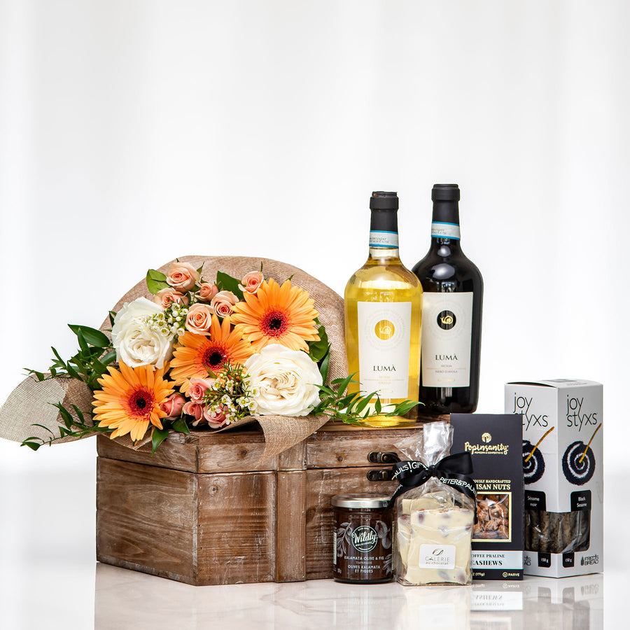Twice as Nice large gift with two bottles of wine, gourmet snacks and a floral arrangement in a crate