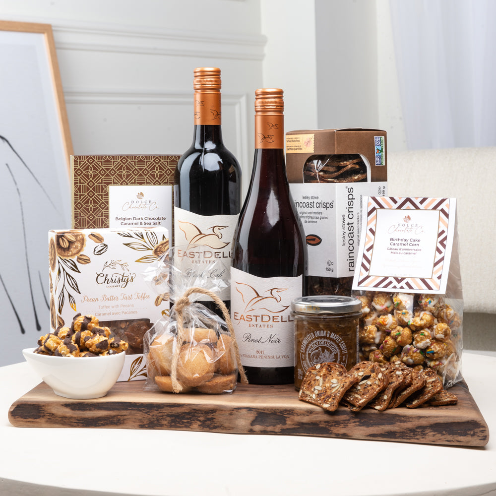 Artisan Board Wood board with shortbread, birthday cake caramel popcorn, chocolate, wine, and gourmet snacks, white and gold neutral packaging 