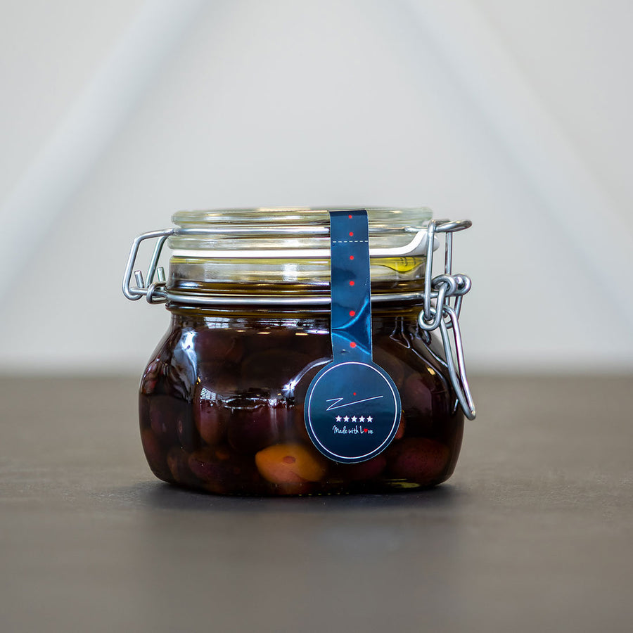 500 mL clasp jar of My Mother's marinated olives in oil