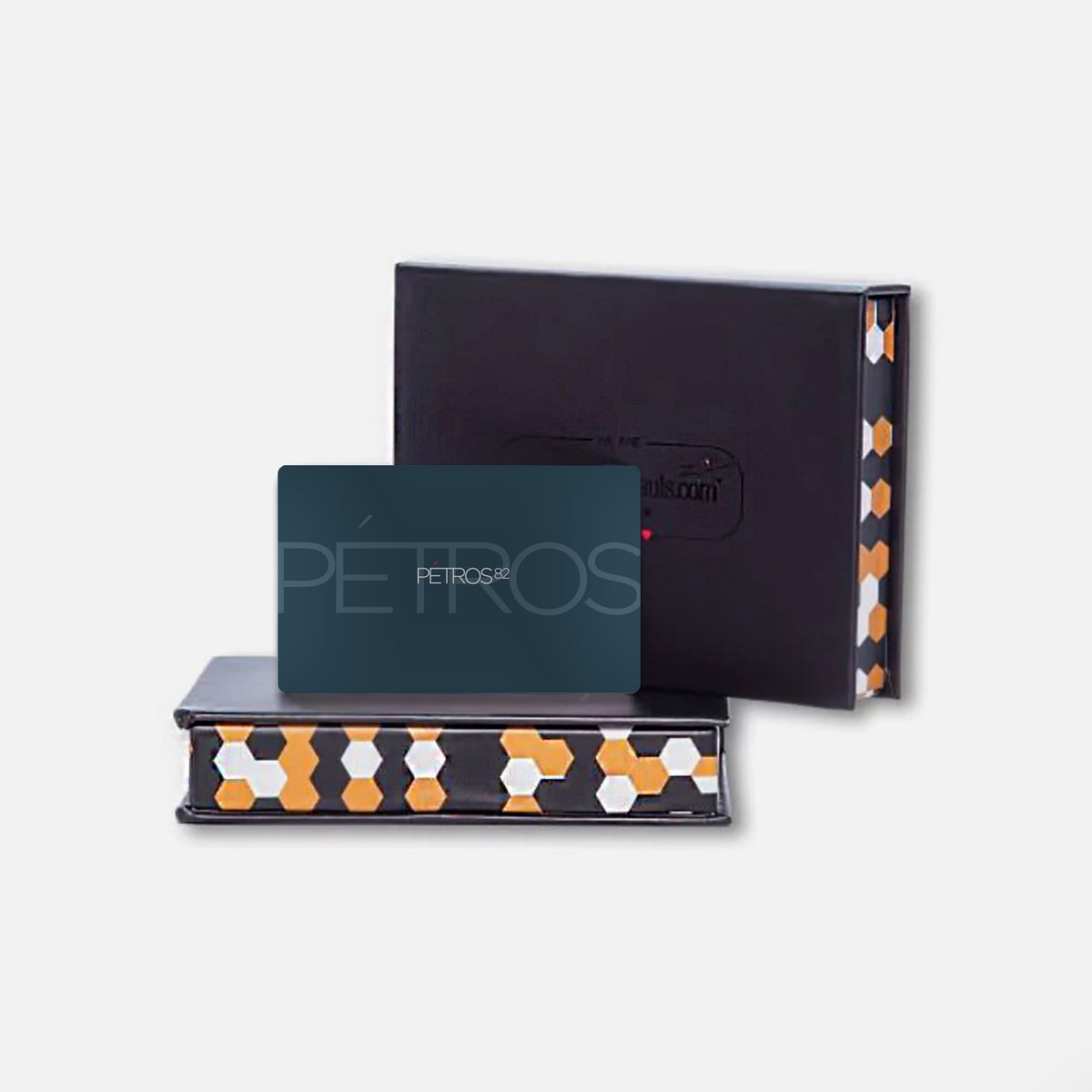 Petros82 gift card presented in a navy box with a patterned gift sleeve