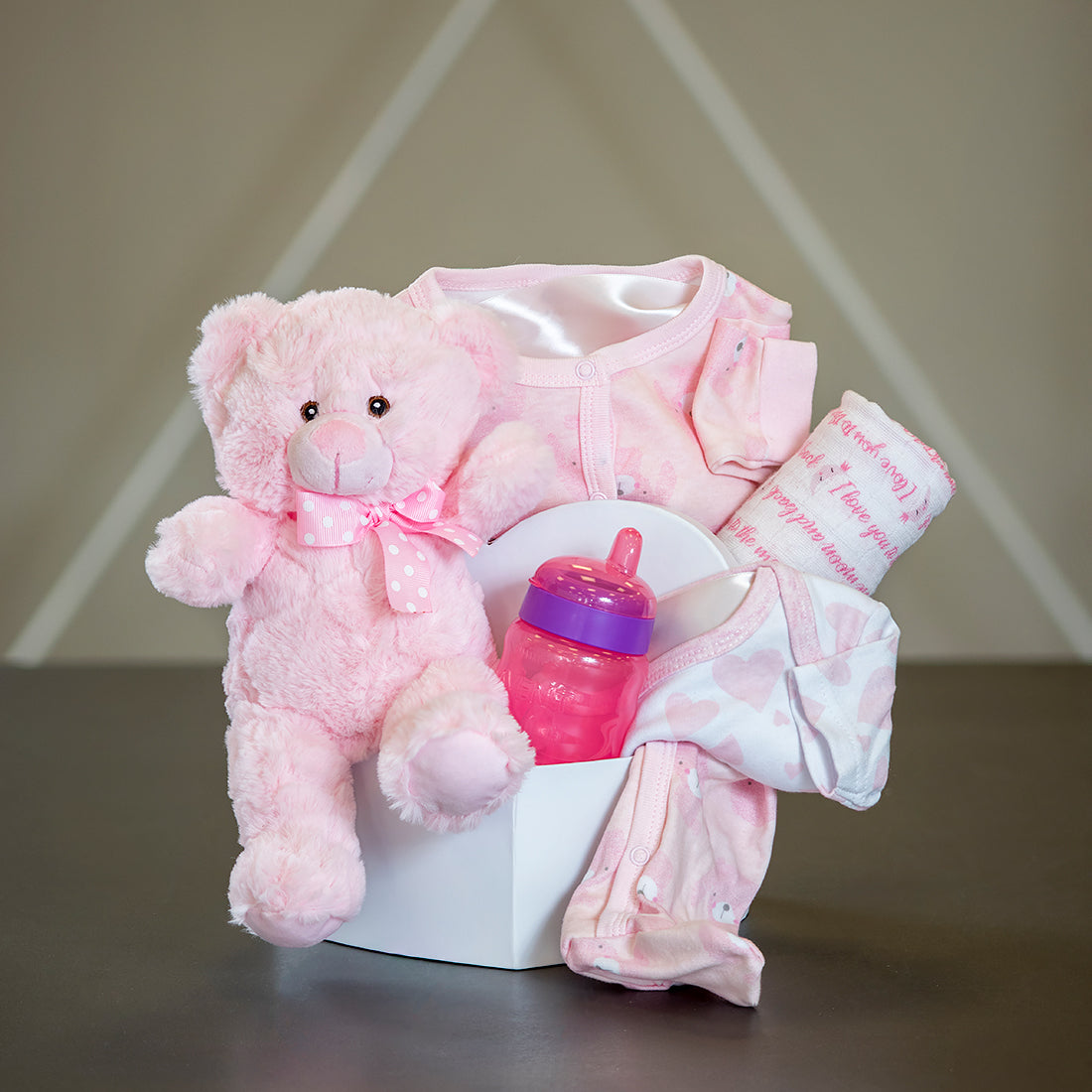 Baby Girl Gift Box with Teddy Bear and pink cozy sleep set