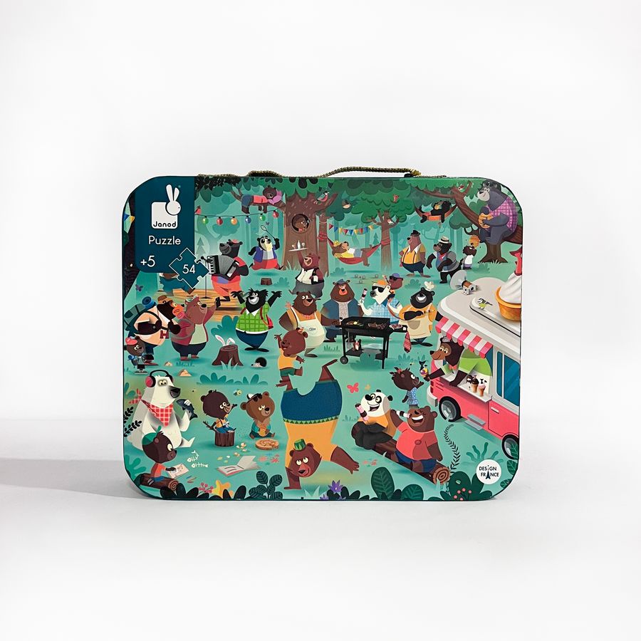 Janod children's jigsaw puzzle in a teal tin printed with an illustrated animal scene
